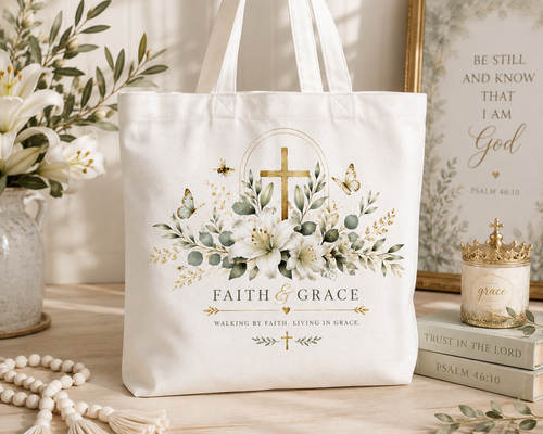 Faith and Grace Christian floral canvas tote by Julizel and Co.
