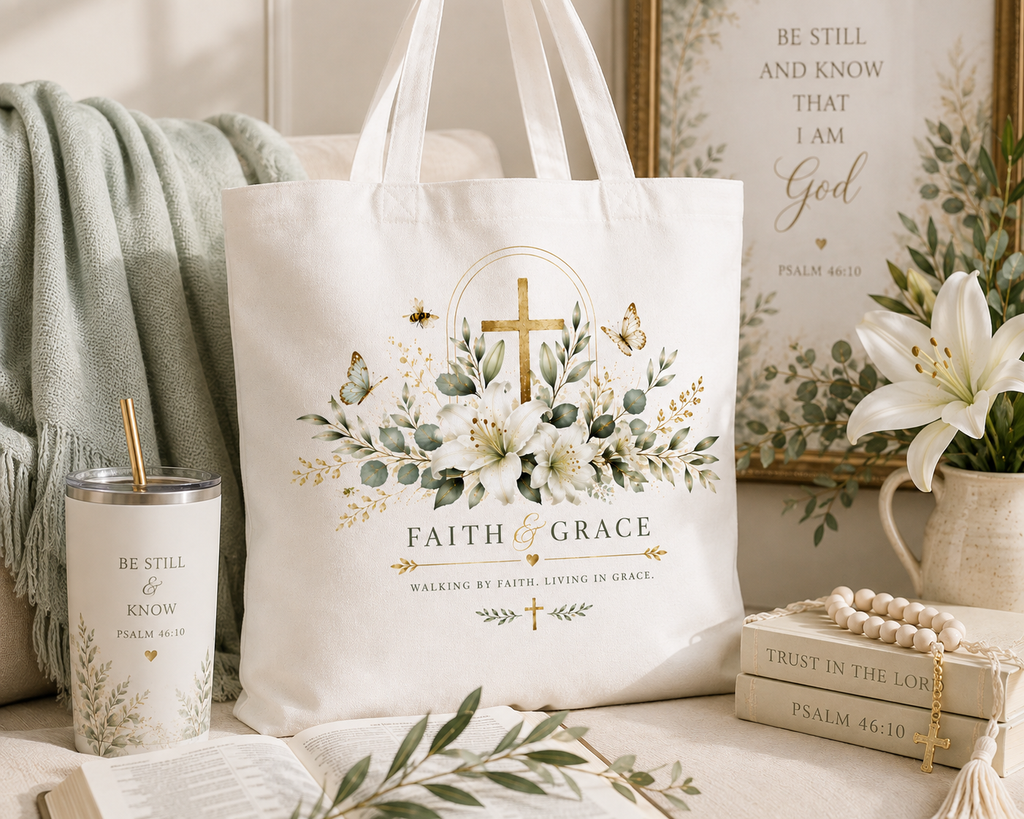 Faith and Grace floral tote lifestyle image for church and everyday use