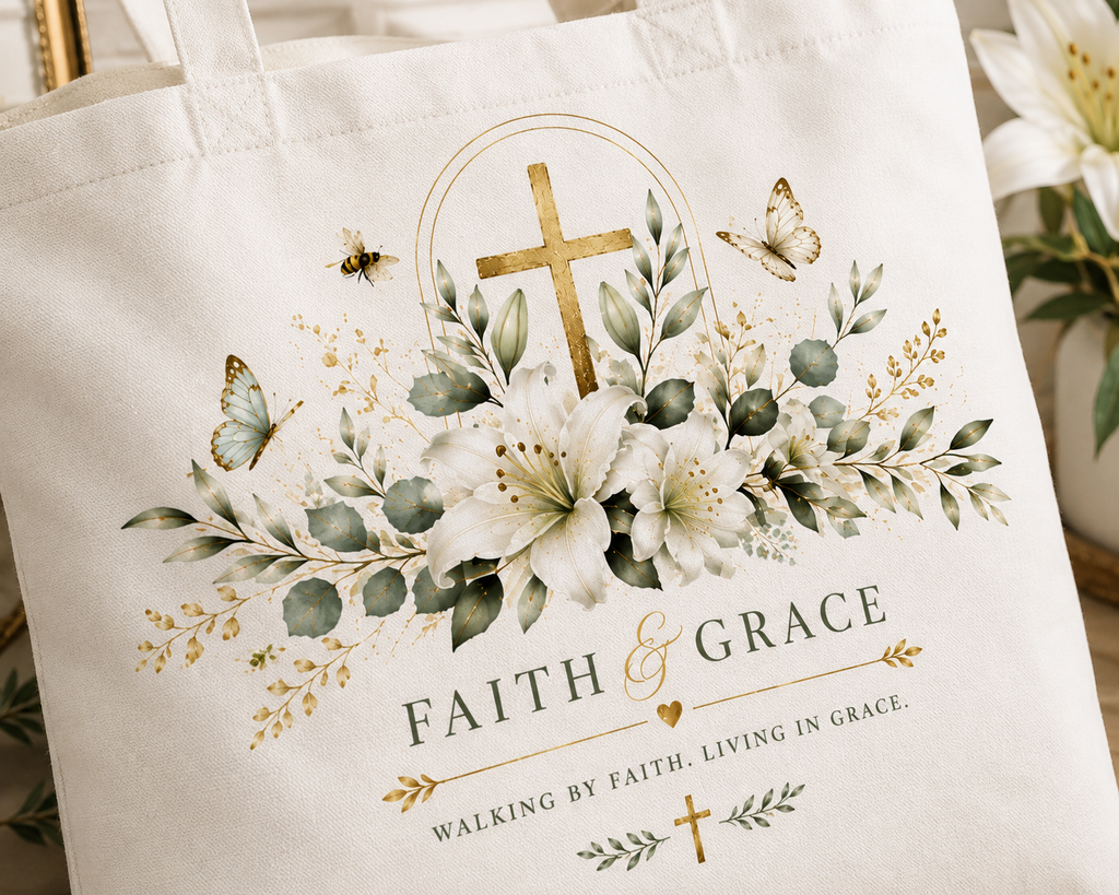 Close-up of Christian floral cross design on Faith and Grace tote