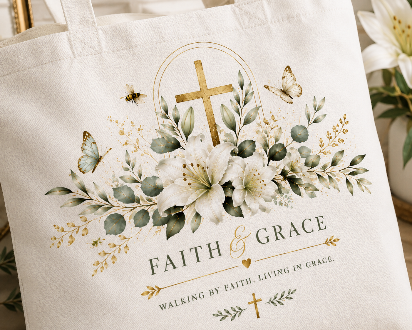 Close-up of Christian floral cross design on Faith and Grace tote