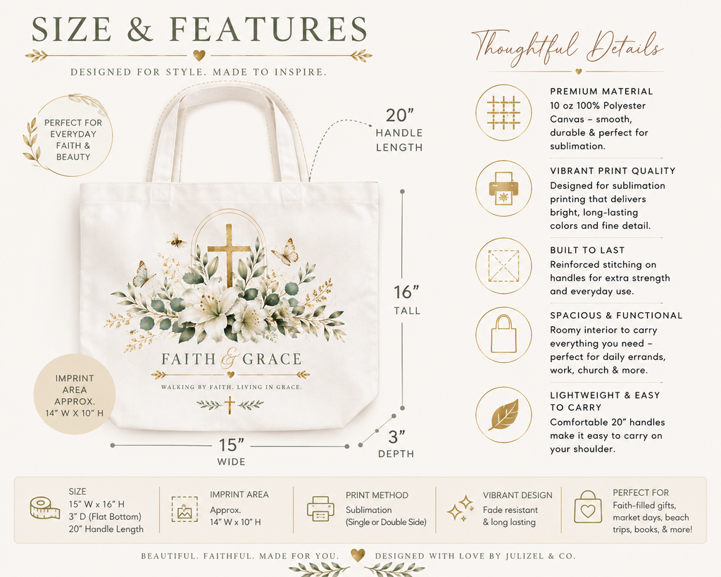 Faith and Grace tote size and product features