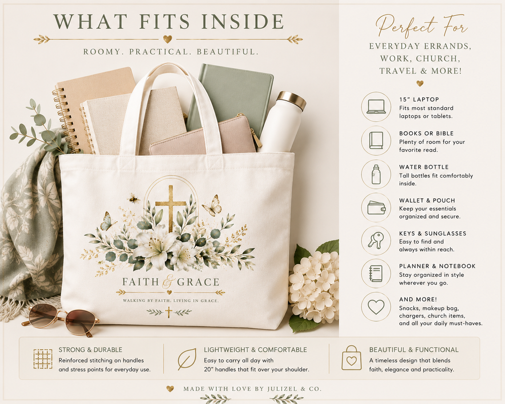What fits inside the Faith and Grace Christian canvas tote