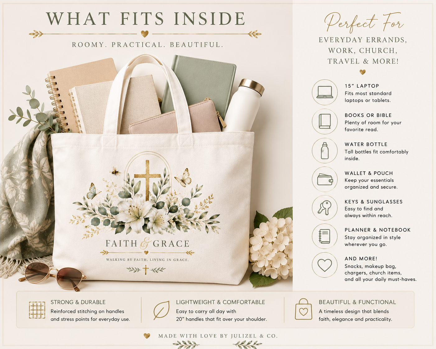 What fits inside the Faith and Grace Christian canvas tote