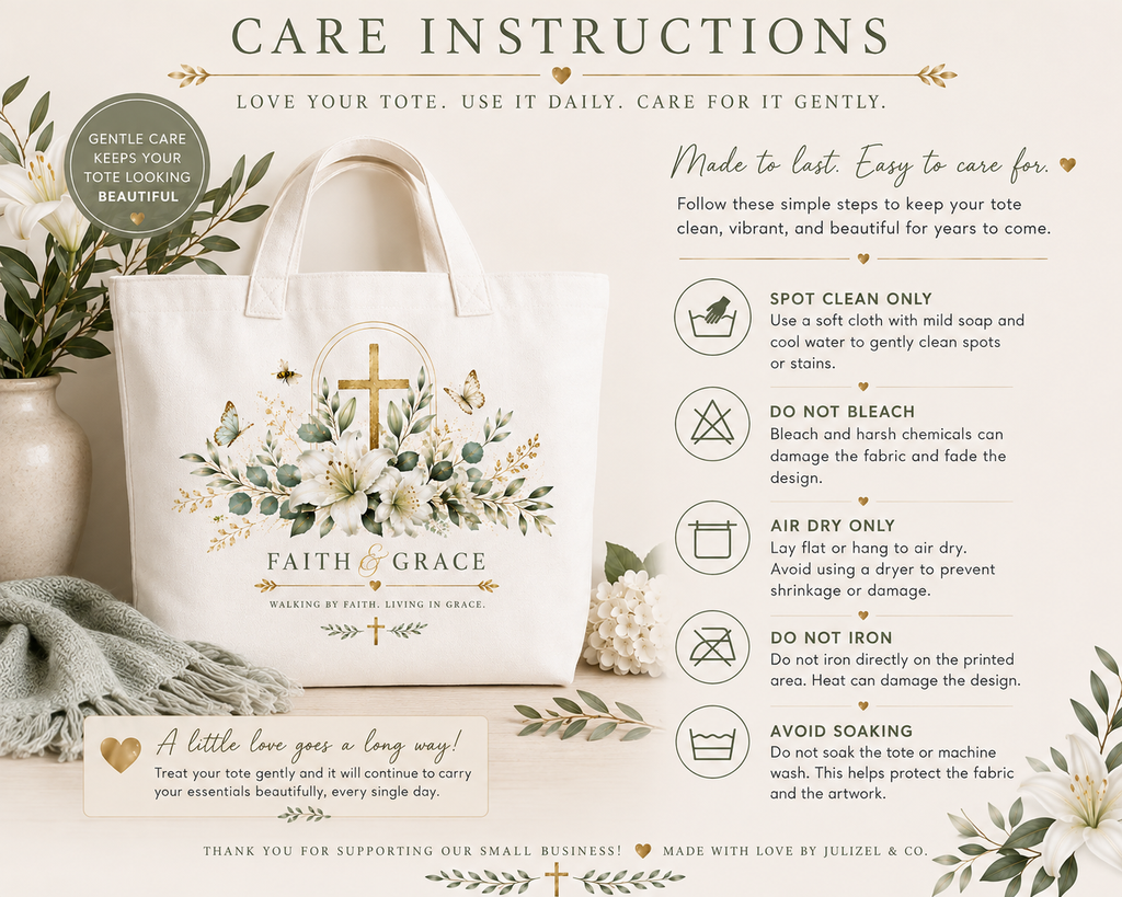 Care instructions for Faith and Grace sublimation tote