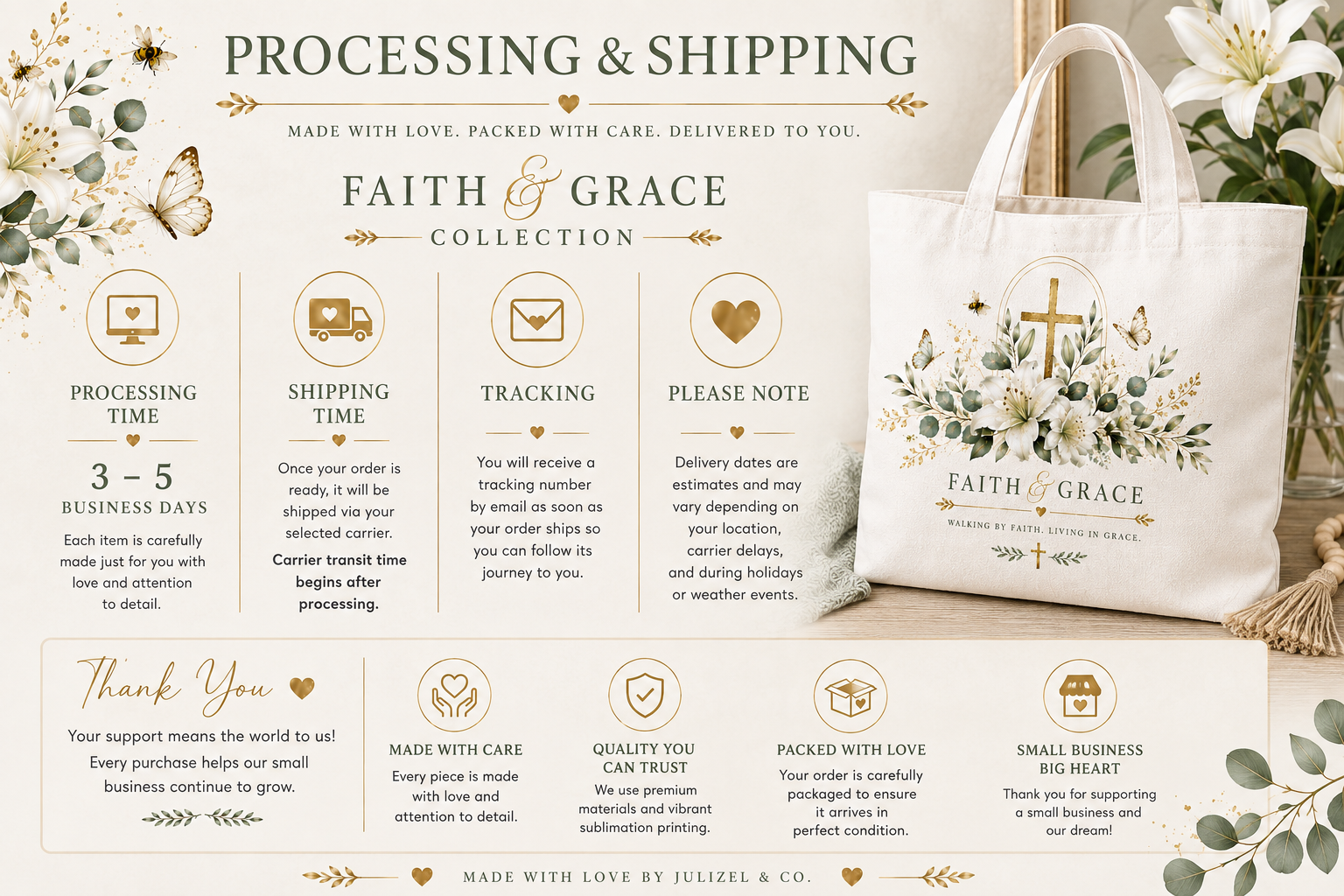 Faith and Grace tote processing and shipping information
