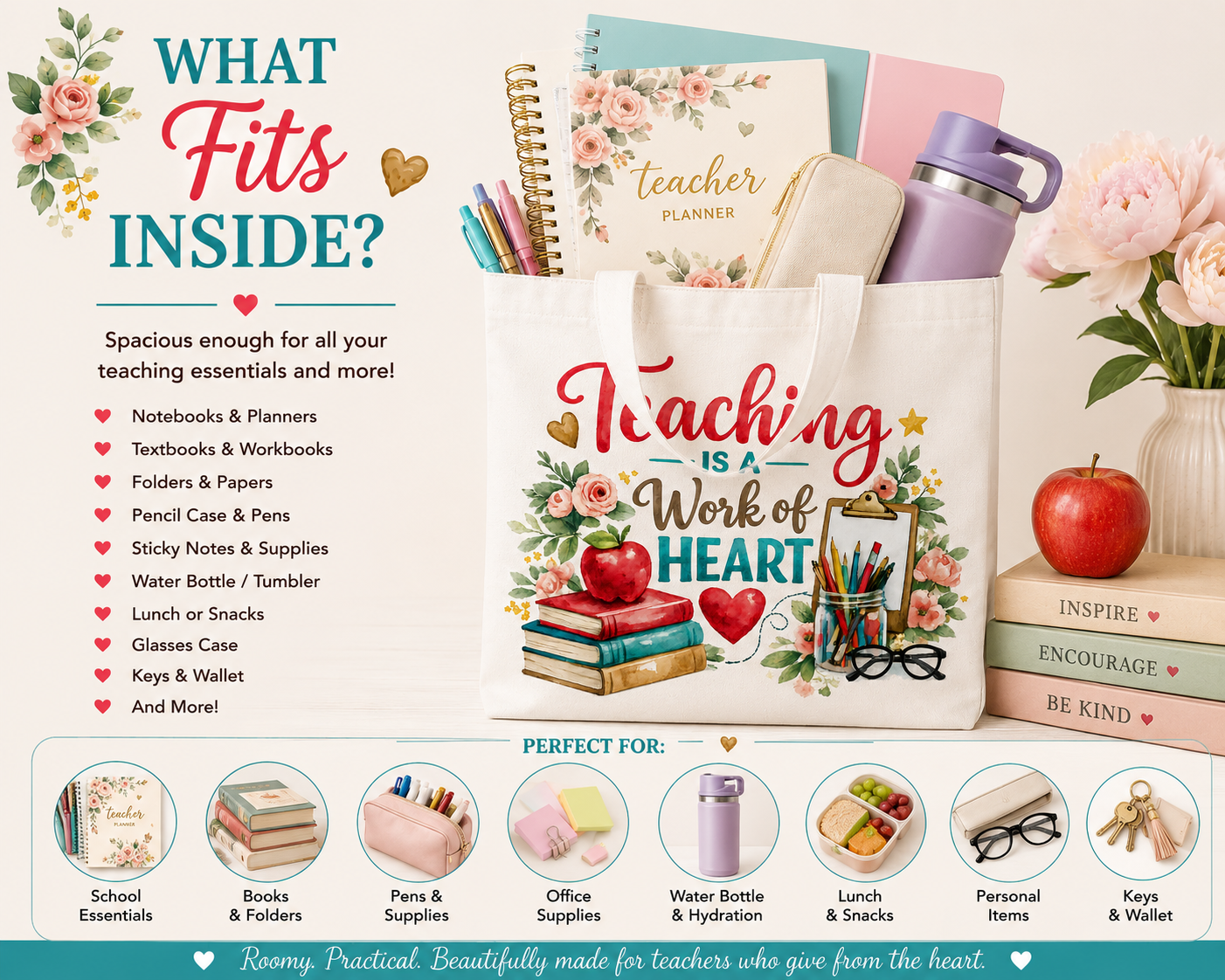 What fits inside the teacher tote bag