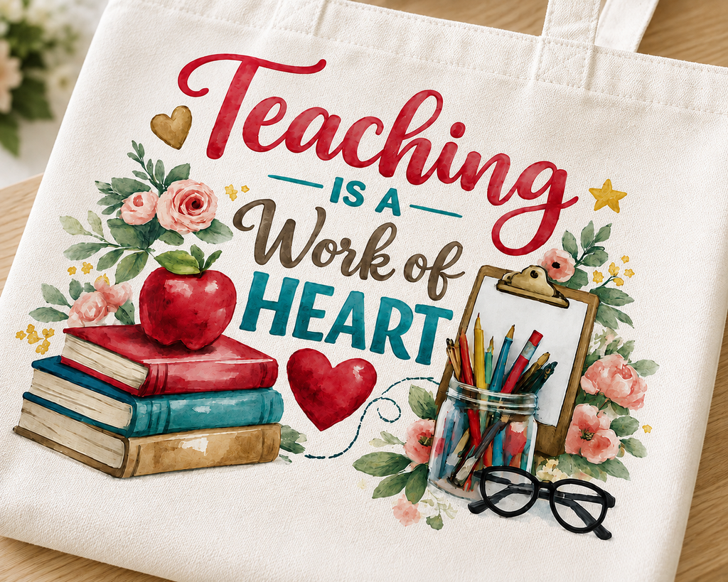 Teacher tote watercolor design close-up