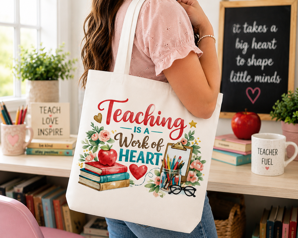 Teaching Is a Work of Heart tote classroom lifestyle image