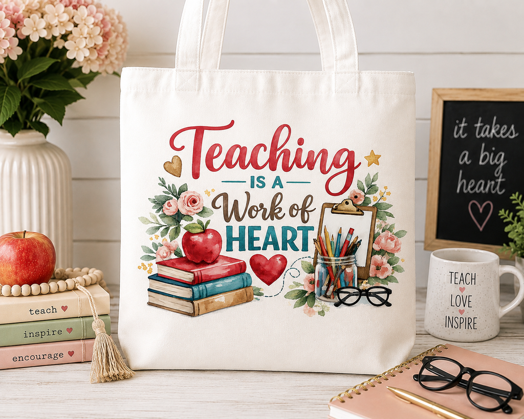 Teaching Is a Work of Heart teacher tote bag