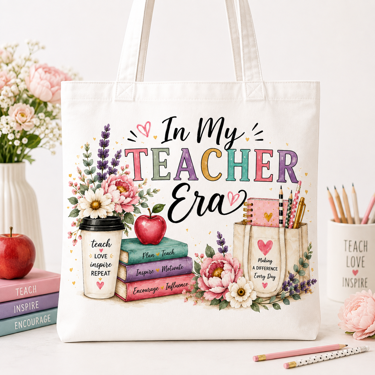 In My Teacher Era Canvas Tote Bag | Teacher Gift | Teacher Appreciation Tote | Cute Floral Teacher Bag | Back to School Gift | Julizel & Co.