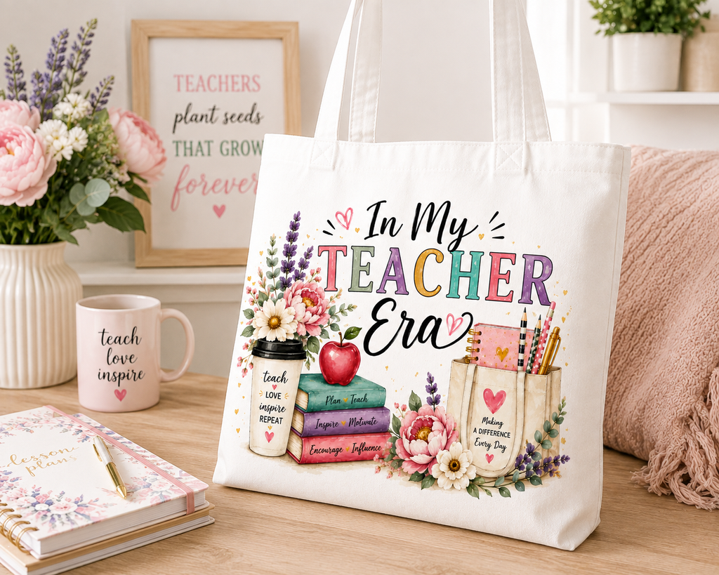 In My Teacher Era Canvas Tote Bag | Teacher Gift | Teacher Appreciation Tote | Cute Floral Teacher Bag | Back to School Gift | Julizel & Co.