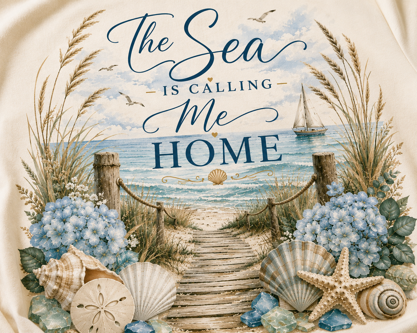 The Sea Is Calling Me Home Coastal Luxe Tee design detail