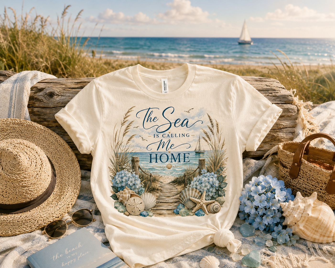 The Sea Is Calling Me Home Coastal Luxe Tee lifestyle view