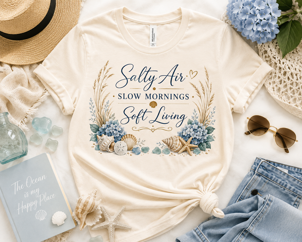 Salty Air Slow Mornings Soft Living Coastal Luxe Tee alternate product view