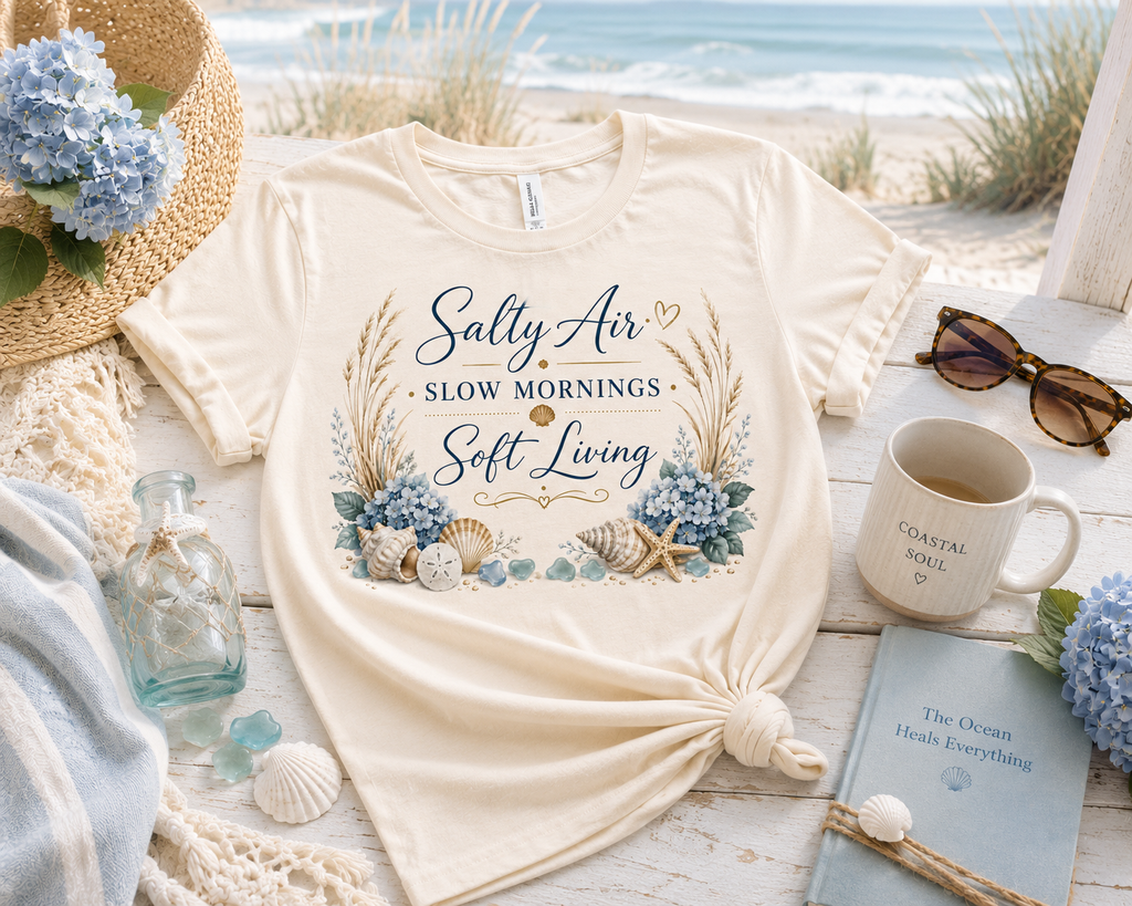 Salty Air Slow Mornings Soft Living Coastal Luxe Tee folded detail view