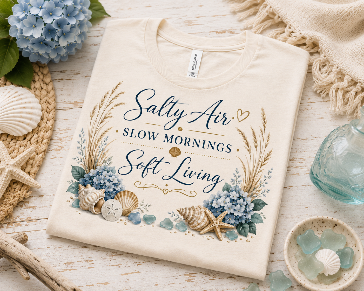 Salty Air Slow Mornings Soft Living Coastal Luxe Tee lifestyle view
