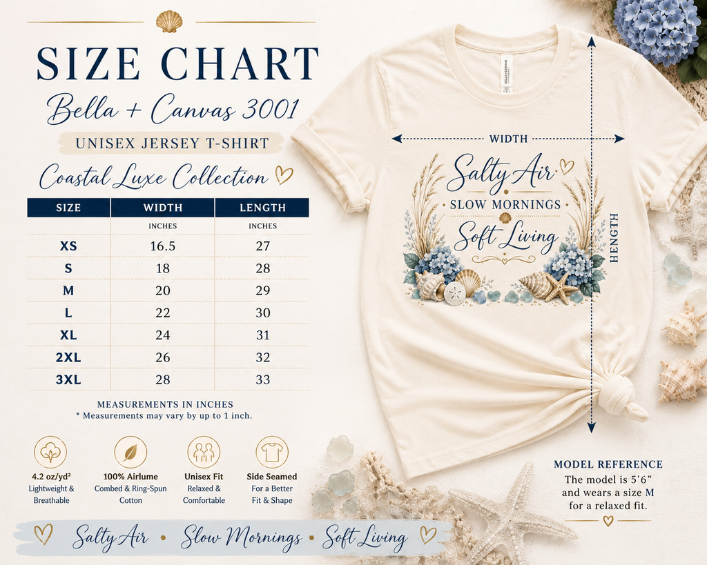 Salty Air Slow Mornings Soft Living Coastal Luxe Tee size chart