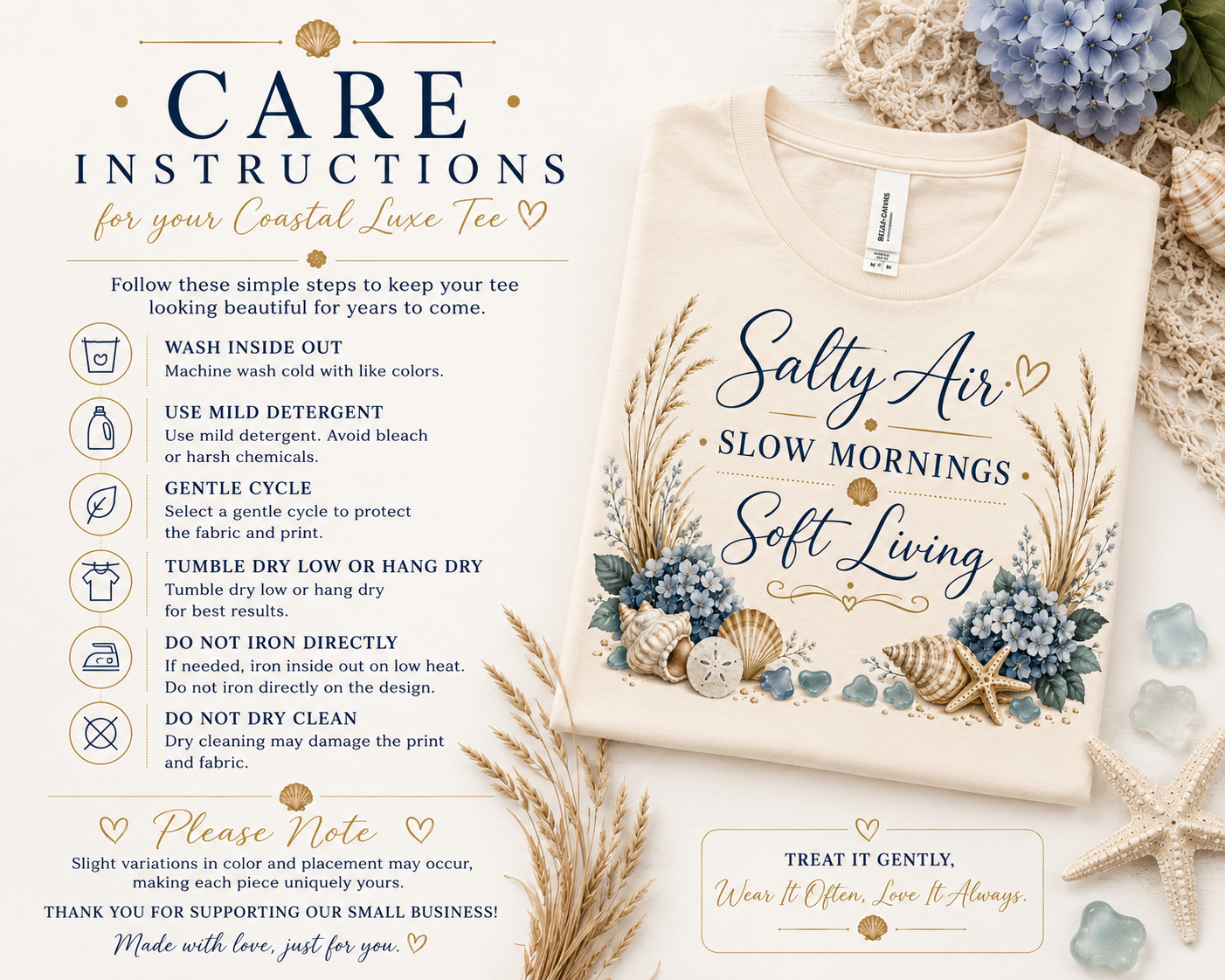 Salty Air Slow Mornings Soft Living Coastal Luxe Tee care instructions