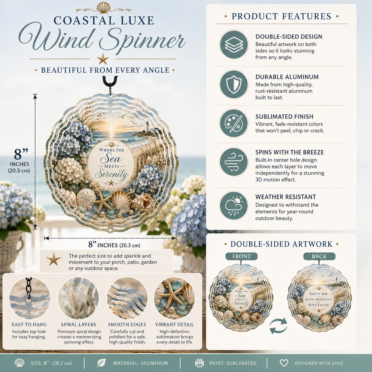 Coastal Luxe wind spinner size and features