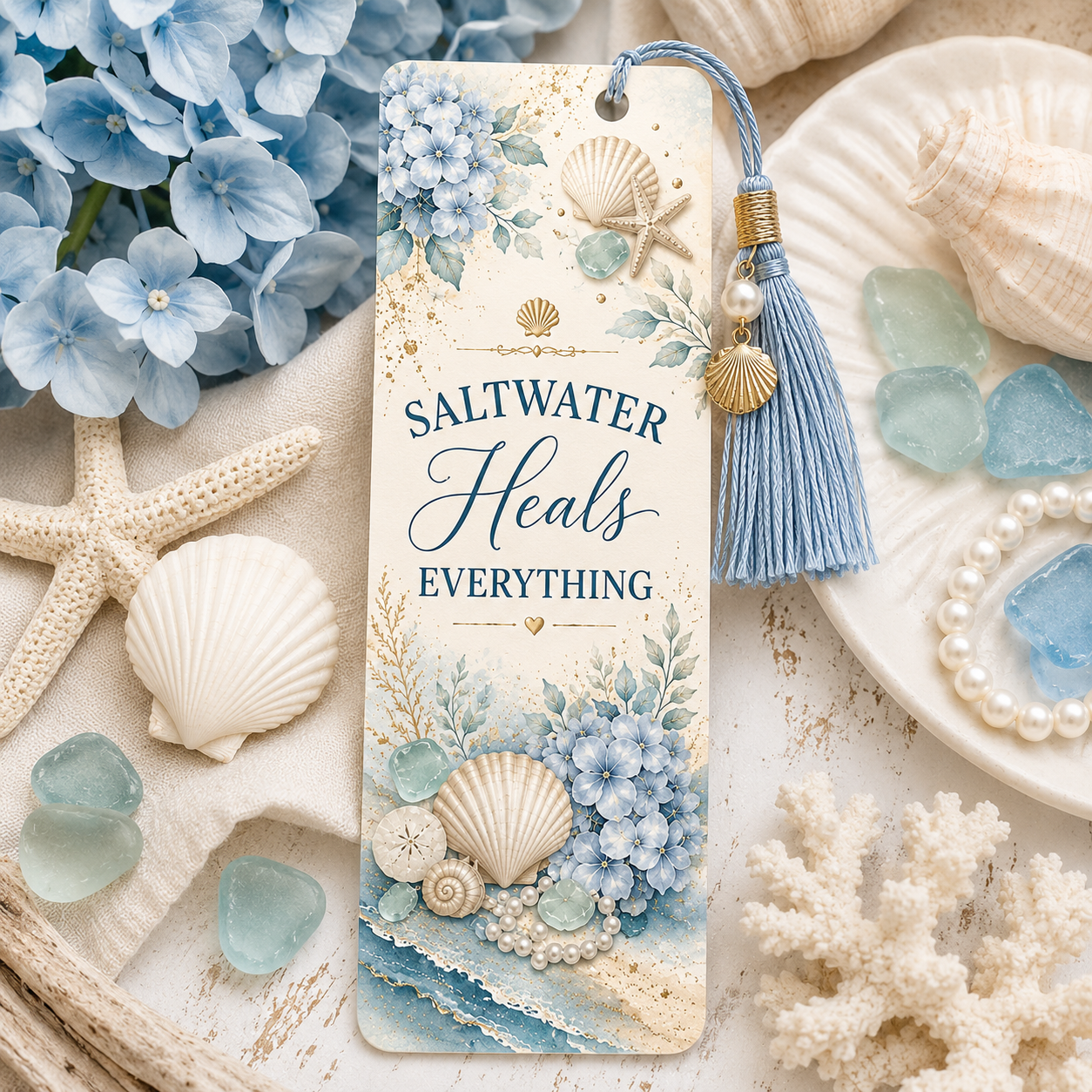 Saltwater Heals Everything Coastal Luxe metal bookmark with blue tassel