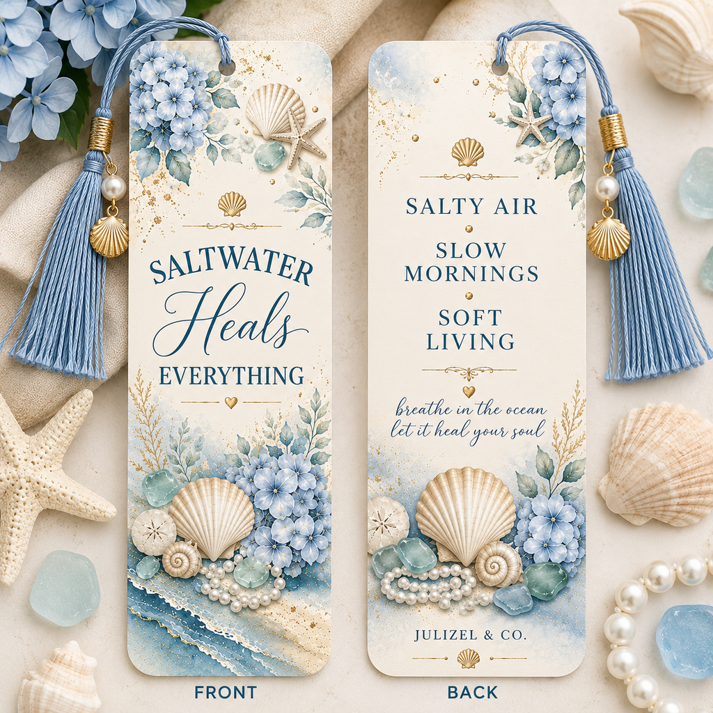 Coastal Luxe metal bookmark front and back view