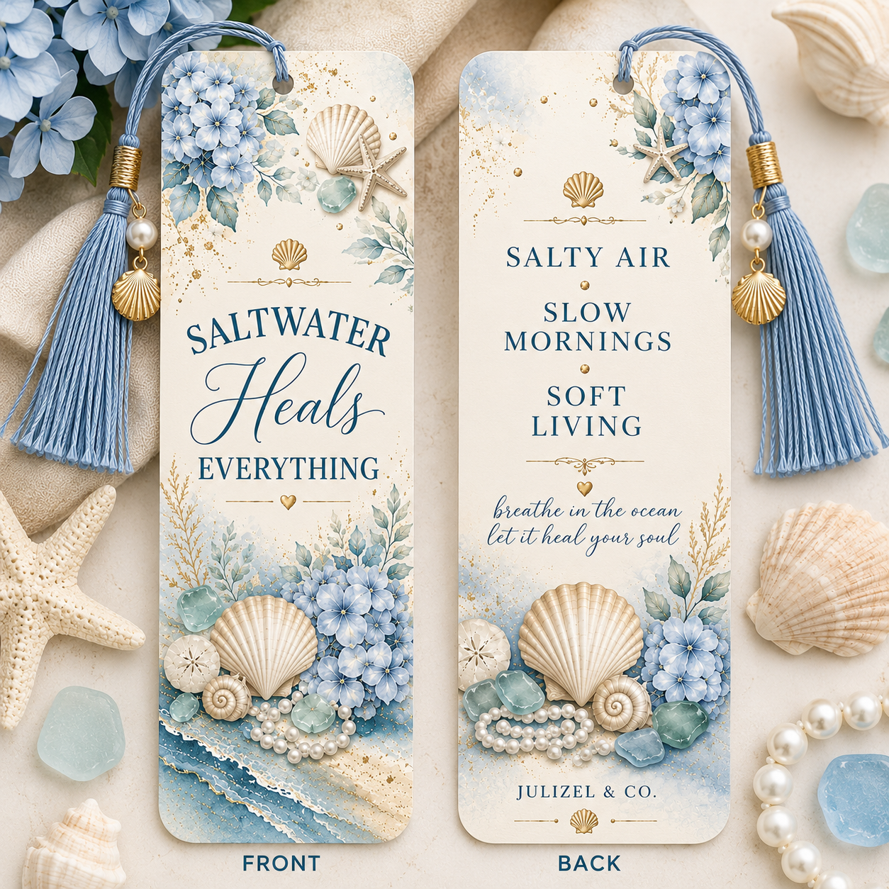 Coastal Luxe metal bookmark front and back view