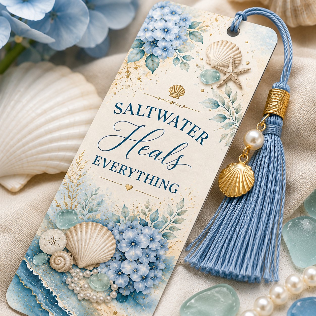 Coastal Luxe metal bookmark print and charm detail