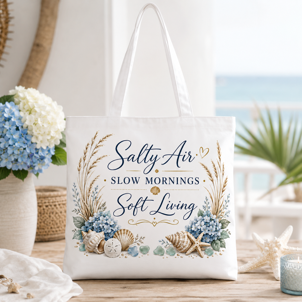Salty Air • Slow Mornings • Soft Living Coastal Canvas Tote