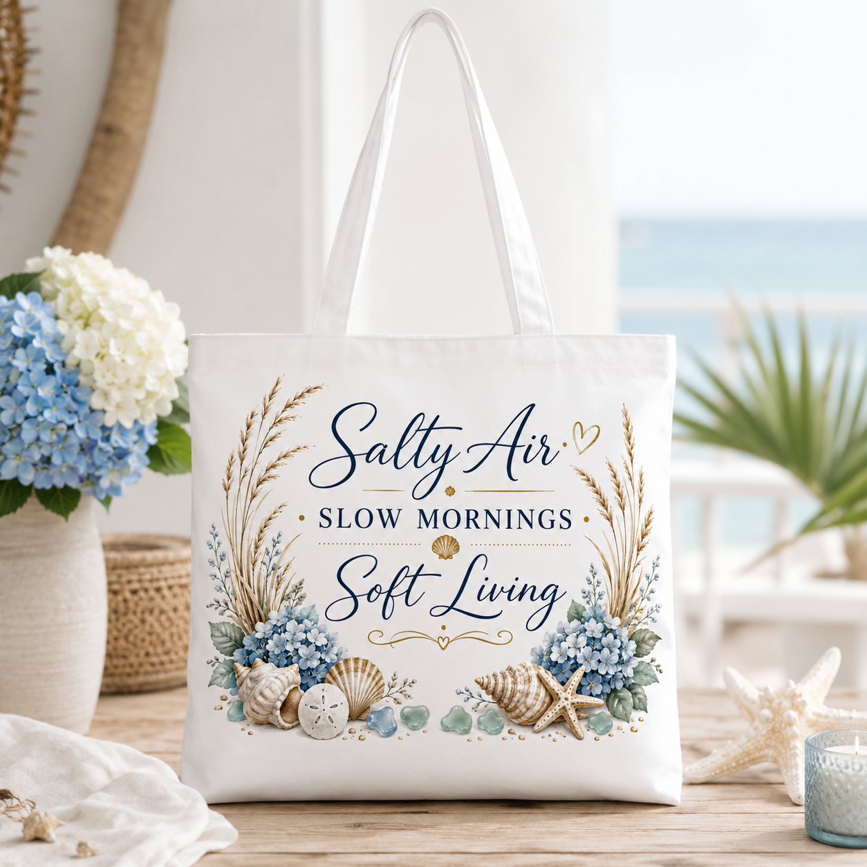 Salty Air • Slow Mornings • Soft Living Coastal Canvas Tote