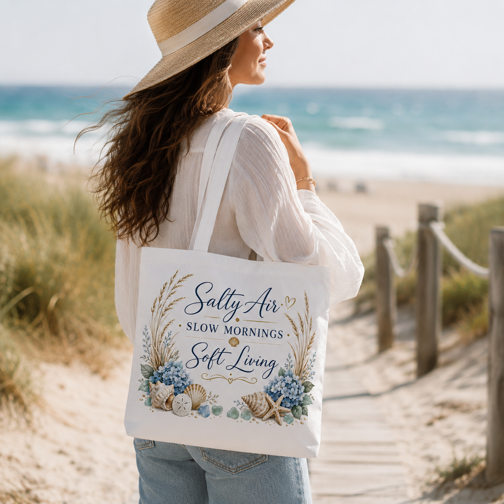 Salty Air • Slow Mornings • Soft Living Coastal Canvas Tote