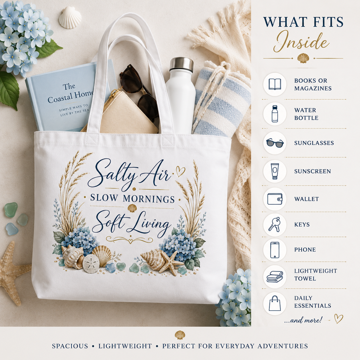 Salty Air • Slow Mornings • Soft Living Coastal Canvas Tote