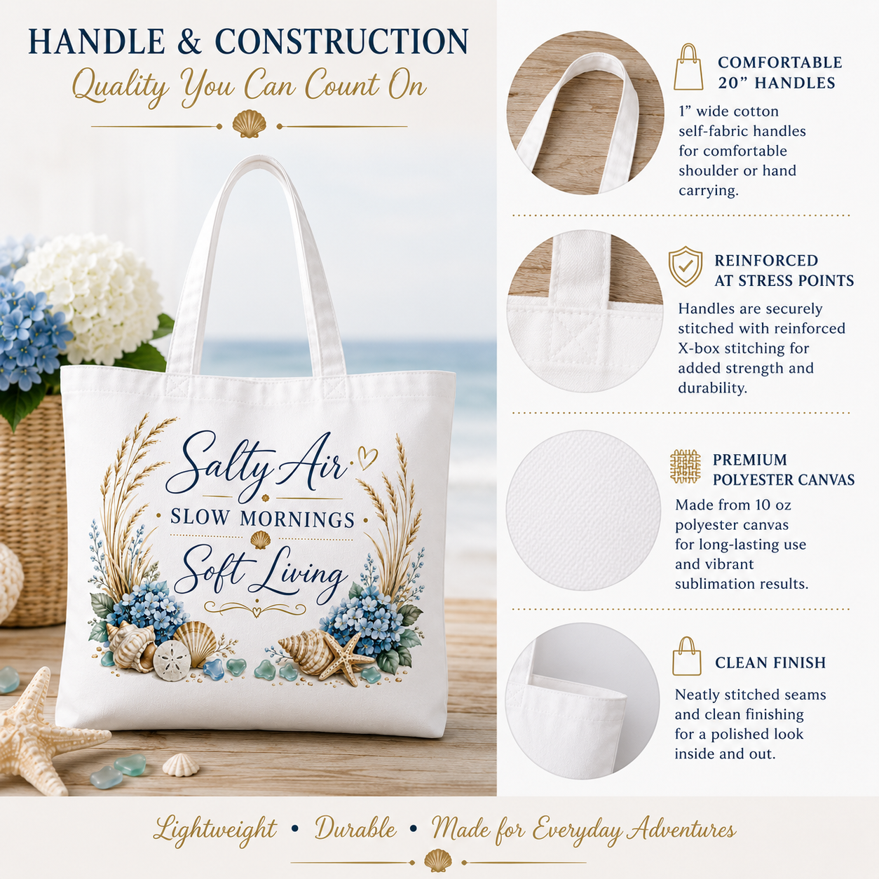 Salty Air • Slow Mornings • Soft Living Coastal Canvas Tote