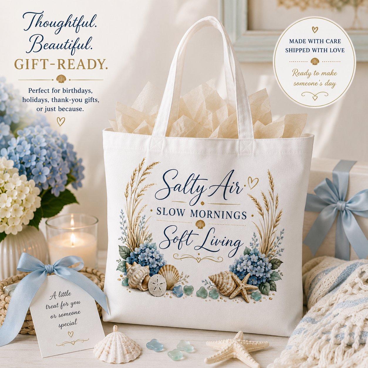 Salty Air • Slow Mornings • Soft Living Coastal Canvas Tote