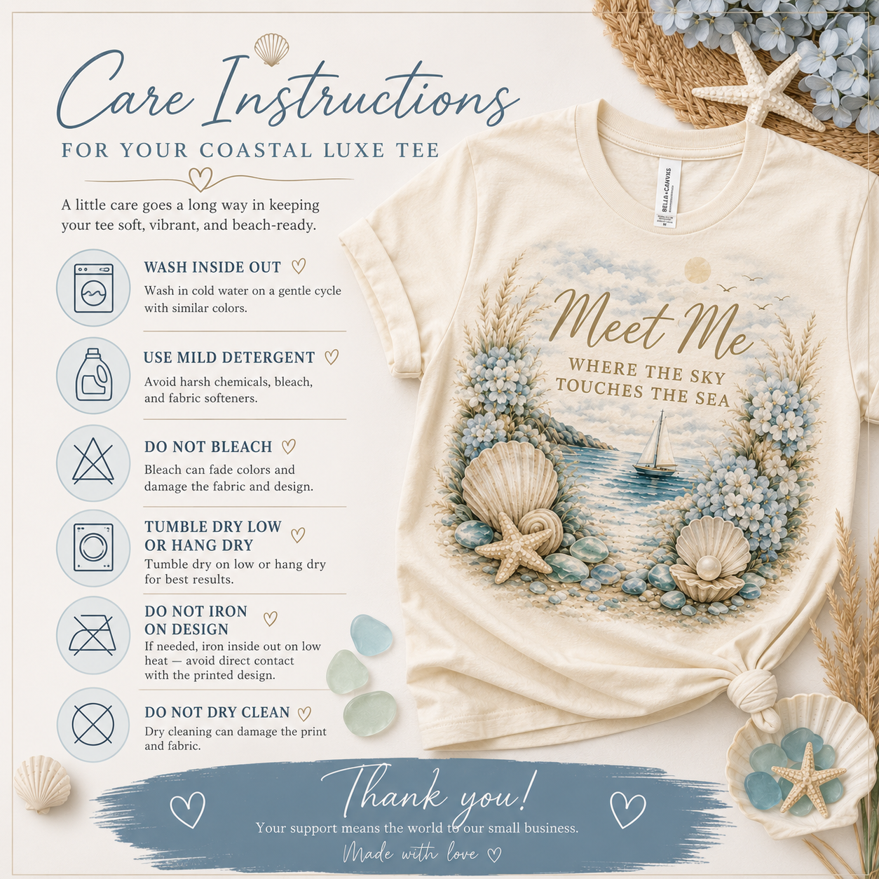 Meet Me Where the Sky Touches the Sea Coastal Luxe Tee size chart