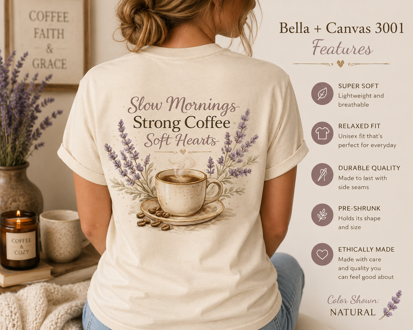 Slow Mornings Strong Coffee Soft Hearts T-Shirt | Coffee & Cozy Graphic Tee
