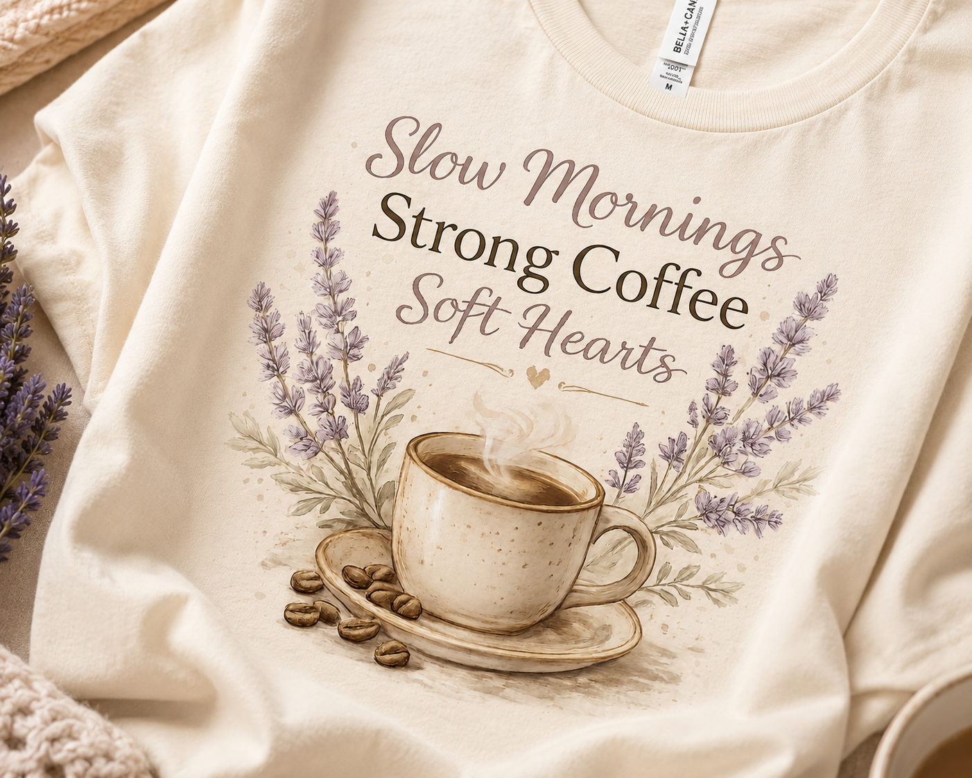 Slow Mornings Strong Coffee Soft Hearts T-Shirt | Coffee & Cozy Graphic Tee