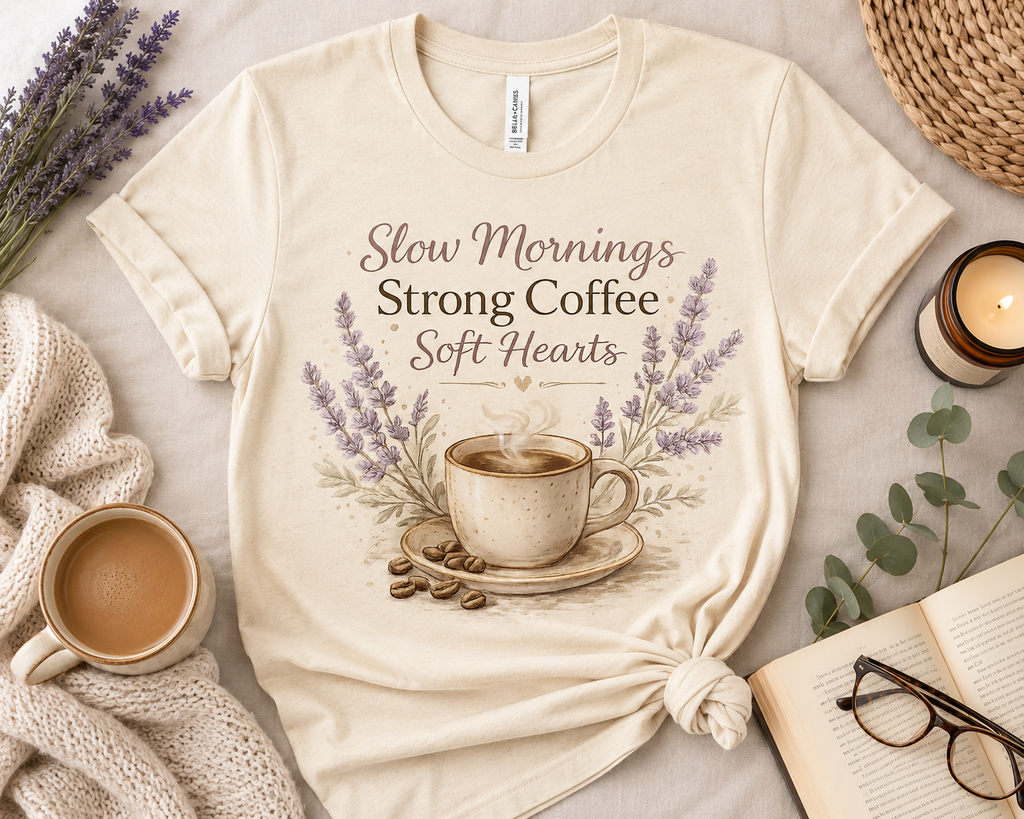 Slow Mornings Strong Coffee Soft Hearts T-Shirt | Coffee & Cozy Graphic Tee