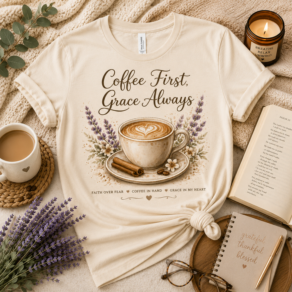 Coffee First, Grace Always T-Shirt | Coffee & Cozy Faith Graphic Tee