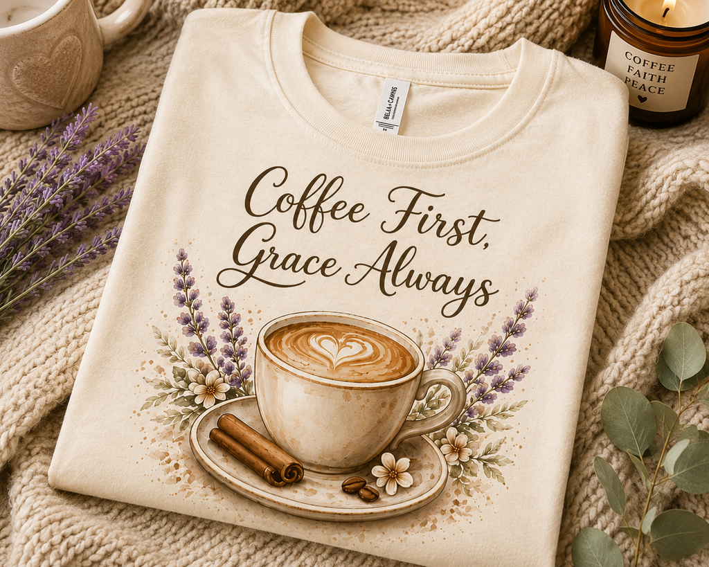 Coffee First, Grace Always T-Shirt | Coffee & Cozy Faith Graphic Tee