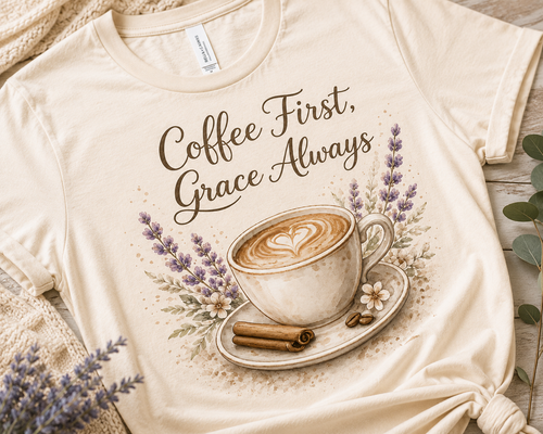 Coffee First, Grace Always T-Shirt | Coffee & Cozy Faith Graphic Tee