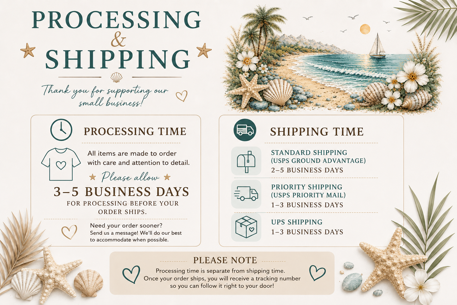 Let the Adventure Begin Coastal Luxe Tee processing and shipping information