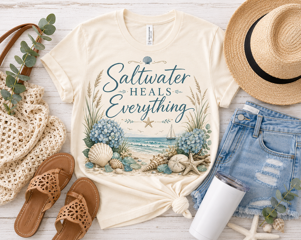 Saltwater Heals Everything Coastal Luxe Tee design detail