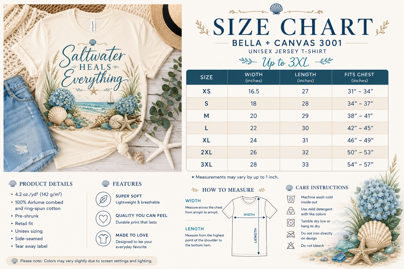 Saltwater Heals Everything Coastal Luxe Tee folded detail view