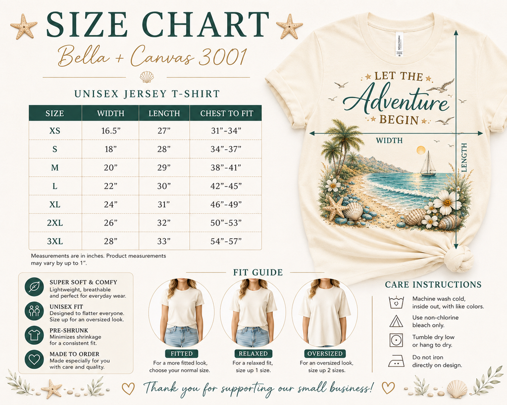 Let the Adventure Begin Coastal Luxe Tee size chart