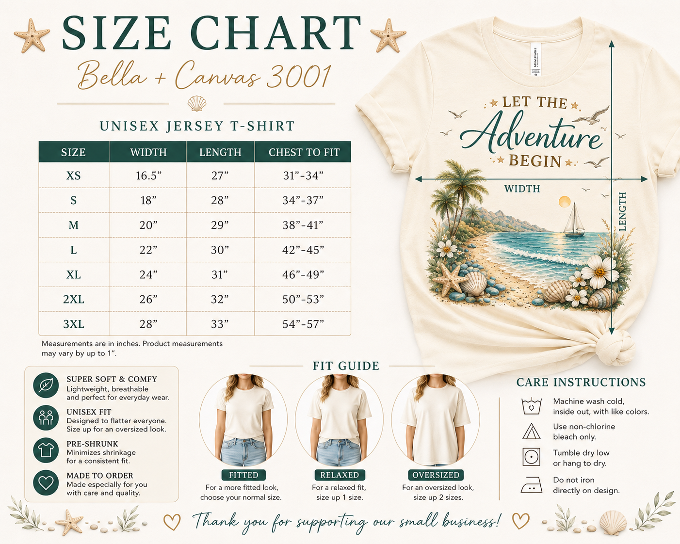 Let the Adventure Begin Coastal Luxe Tee size chart