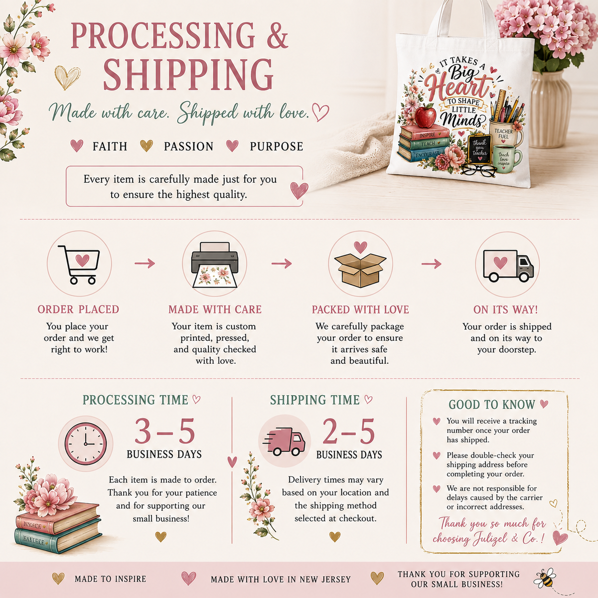 Processing and shipping information for the It Takes a Big Heart teacher tote