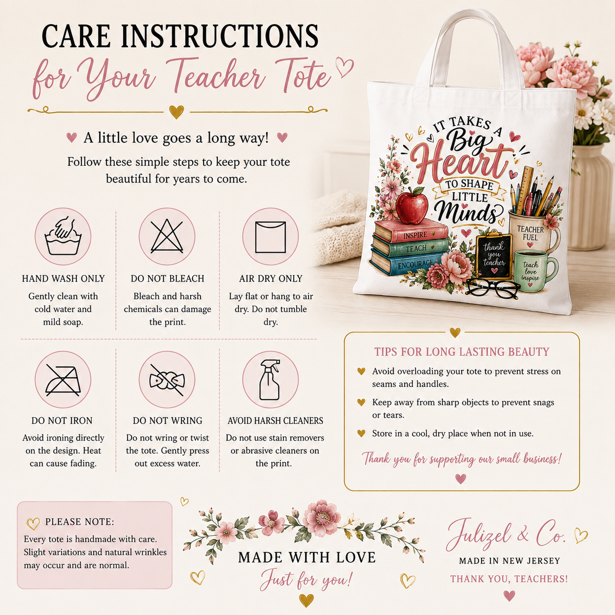 Care instructions for the It Takes a Big Heart teacher tote
