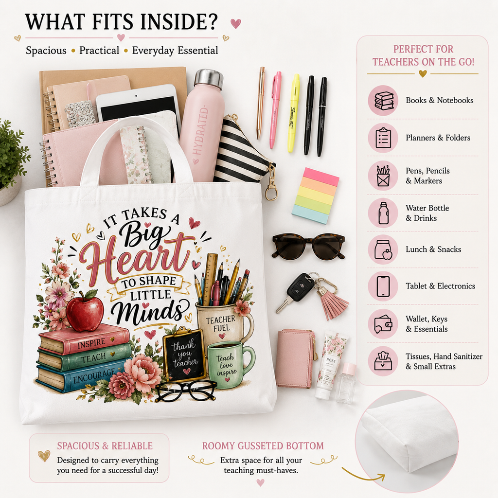 What fits inside the It Takes a Big Heart teacher tote