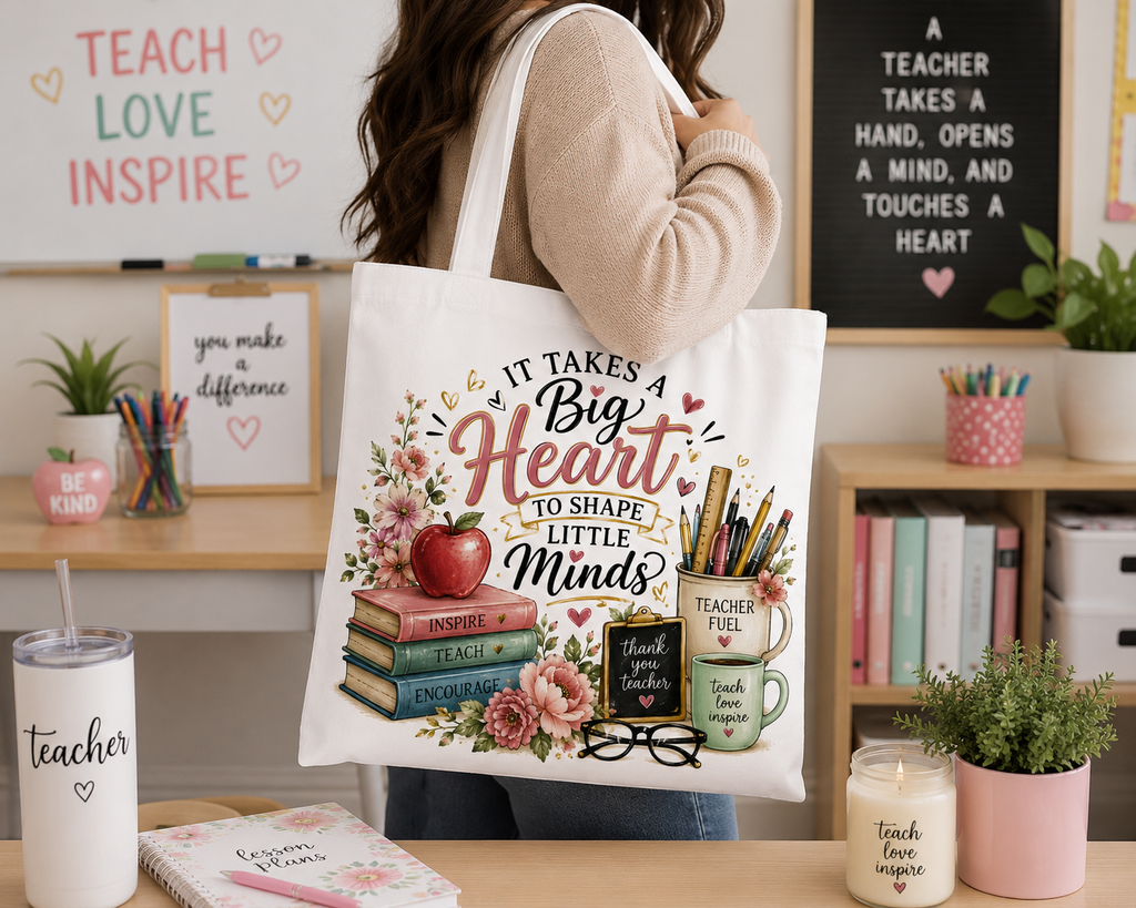 It Takes a Big Heart teacher tote classroom lifestyle image