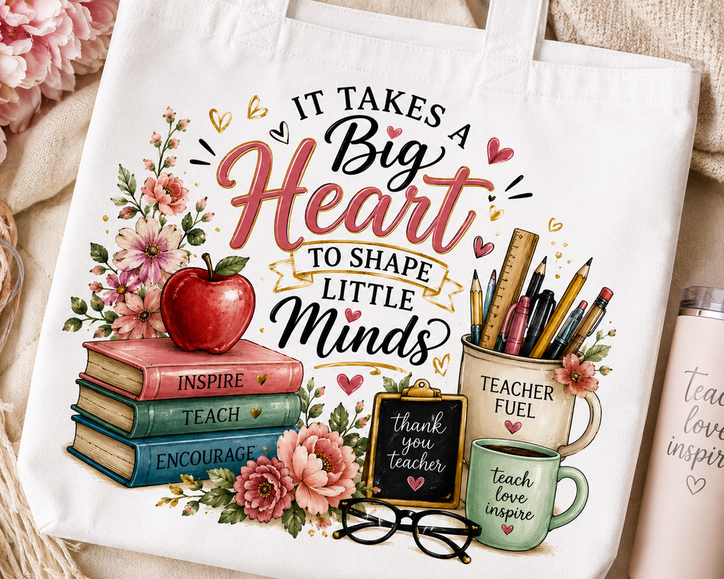 It Takes a Big Heart teacher tote design detail